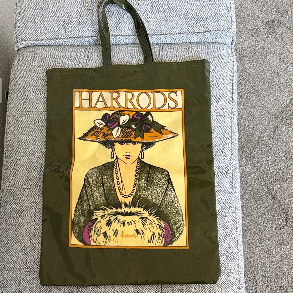 Harrods Olive Green Tote with Yellow Illustrated Panel
